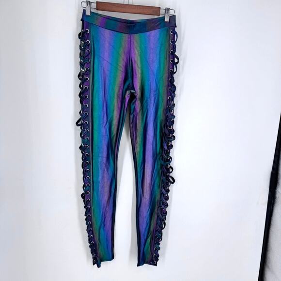 J. Valentine Rave Pants Irridescent Lace up Size Large Dolls Kill Deep Dive - Picture 1 of 7